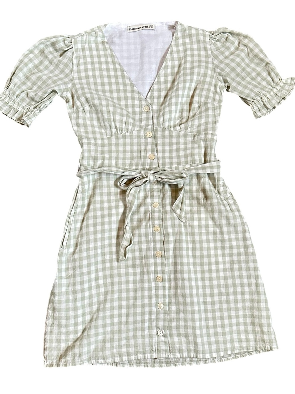 ABERCROMBIE & FITCH sage green & white gingham checked 100% cotton dress sz XXS